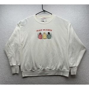 VTG Holiday Time Sweatshirt Womens Large L Christmas Angels Peace On Earth White